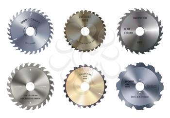Mechanical circular saw vector blades, wood craft and construction. Round metal blade, carpentry tool. Variety of discs consisting of teeth