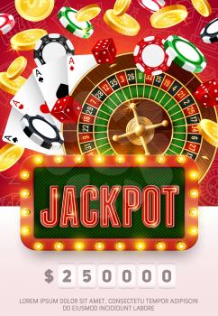 Casino wheel of fortune, golden coins and poker cards. Vector casino gamble roulette, light bulb signage and poker cards, neon sign, golden coins and croupier chips