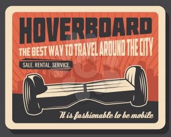 Hoverboard city transport, sale, rent and service. Vector gyroscooter, self-balancing , electric transportation device. Gyroscope or gyroboard, two-wheeled transporter, fast moving hover