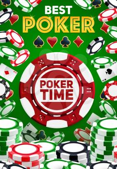 Poker signs, casino chips, gambling game. Vector casino symbol, aces suits spades, clubs, hearts and diamonds. Falling chips on green background