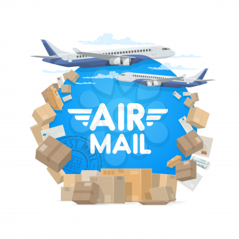 Air mail, isolated round frame of parcels, letters and plane. Vector airplane in sky and cargo, letter envelopes and parcels, freight shipping packs, postal stamps. Air post global delivery, aircraft