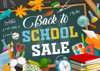 Back to school sale poster, education supplies and study items promo. Vector back to school college study books, pens and pencils, watercolors and ruler, scissors and clock on chalkboard