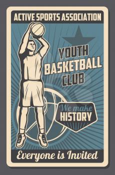 Basketball sport game player throwing ball into basket vector design. Team player with uniform jersey and sneakers on court, sporting competition match of youth league championship, sport club poster