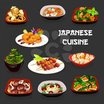 Japanese cuisine vector design of grilled fish and vegetables, fried tofu cabbage and shrimp salads, meat cutlets, seafood and mushroom noodles, cauliflower with miso sauce and pork soup. Asian food