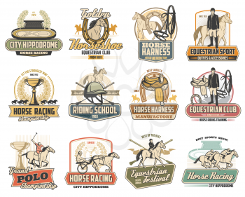 Equestrian sport vector badges of horse race, polo and riding school design. Jockey, racehorse and saddle, horseshoe, winner trophy cup and rider helmet, hippodrome, equine harness and polo mallets