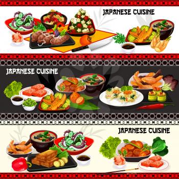 Japanese cuisine vector design of tuna fish sashimi and seafood sushi rolls. Octopus cucumber and okra salads, meat soup, chicken bamboo and pork radish stew, fried tofu, marlin and shrimp