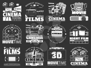 Cinema and movie vector badges with film reel, movie theater and tv set, popcorn, 3d glasses and video tape, camera, tickets and projector, clapperboard and film strip. Film festival, leisure design