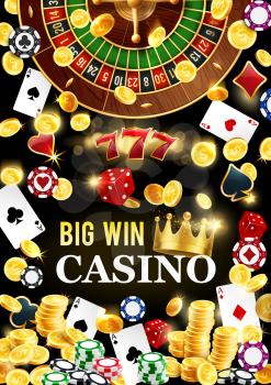 Casino poker and wheel of fortune gambling game poster. Vector casino roulette jackpot big win, dollar gold coins shining splash, playing poker cards, dice and gamble bet tokens
