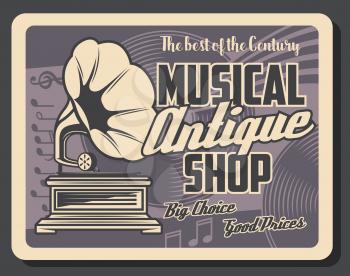 Retro musical instruments shop and antique music salon vintage poster. Vector music notes, phonograph gramophone and vinyl records, rarity songs and record players professional store