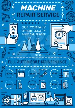 Car service, mechanic repair garage infographic and auto maintenance diagrams and charts. Vector thin line vehicle computer diagnostic and auto service mobile app, automobile restoration technology