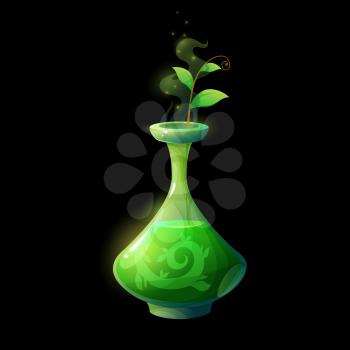 Potion bottle with green sprout, vector glass flask with magic elixir and plant branch with leaves, haze and sparkles. Glow witch poison, cartoon alchemy ui object for magic game, vial with sprig