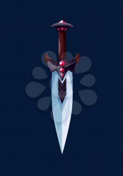 Magical medieval steel dagger blade. Cartoon vector knight magic sword, warrior weapon, knife with wooden hilt. Cold steel arms with precious gems decor. Isolated ui design element for computer game