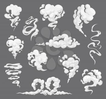 Cartoon clouds, steaming smoke flows, steam explosions smog and smoke clouds, vector icons. Fog smoke, mist steam clouds with white smog effect, spooky dust explosion of puff vapor