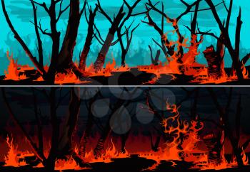 Forest fire with burning grass and trees vector banners. Wildfire at night or bushfire by day nature landscapes of environment design with burning woods, red fire flames, blaze and smoke clouds