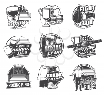 Boxing sport icons of vector box punching bags, boxer gloves and helmets. Boxing championship ring, belt, winner trophy cup and score board, referee and uniform isolated monochrome symbols, emblems