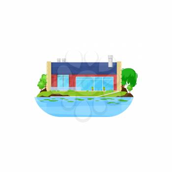 House at lake, cottage or summer village at water, country home, vector building flat icon. Residential estate villa or townhouse at river, private mansion with windows
