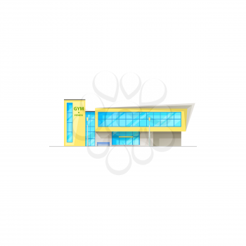 Gym or fitness club and sport center building icon, vector architecture facade. Bodybuilding athletics and workout or health activity training center, modern urban construction