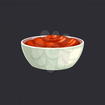 Ketchup bowl, plate with tomato paste isolated icon. Vector food condiment, seasoning, sour sweet sauce on plate. Container with tomato hot chili spicy snack. Sauce-boat portion, bbq catchup