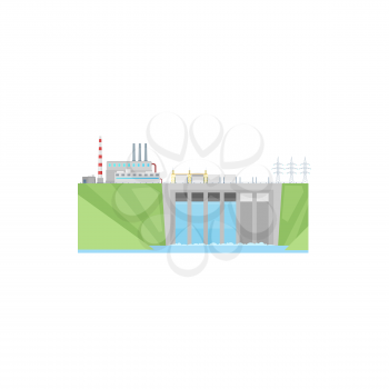 Power plant, hydroelectric water energy station, vector hydro turbine dam. Electric power plant and eco environment renewable electricity factory building icon, green hydropower generation industry