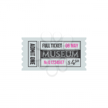 Full ticket to museum isolated retro paper card. Vector invitation on excursion or exhibition, admit one to museum, mention of date and price. Voucher access to history museum, single entry