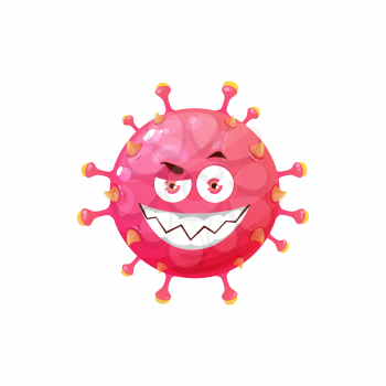 Cartoon virus cell vector icon, funny bacteria or germ character with angry grin face. Smiling pathogen microbe monster with big wink eyes, isolated coronavirus pink cell with sharp teeth