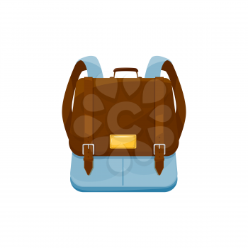 Kids schoolbag isolated vector icon, cartoon knapsack or rucksack with belts and webbing of blue and brown colors. Student backpack or school bag of retro design on white background