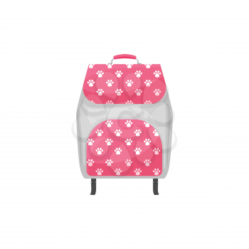 Kids backpack isolated vector icon, cute schoolbag with dog or cat paw prints. Cartoon rucksack, pink baby knapsack for student girl on white background