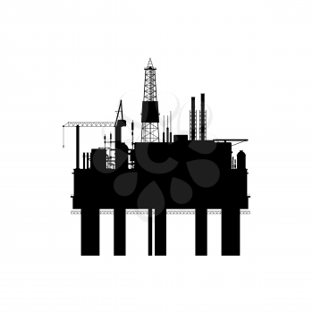 Drilling factory platform rig, ndustrial buildings, chemical factory silhouette isolated icon. Vector technology plant with pipeline refinery, fuel plant gasoline factory. Petrol production pump jack
