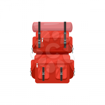 Backpack vector icon, touristic knapsack, camping or hiking rucksack. Sport or travel equipment of red color with leather belts isolated on white background. Luggage cartoon sign