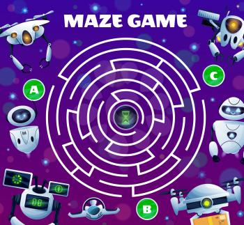 Robots labyrinth maze game, vector kid boardgame with ai robots, cyborgs and androids. Worksheet riddle with round field, tangled path and three entries with sandglass in center. Find correct way test