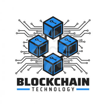 Blockchain technology icon, cryptocurrency payment service vector emblem. Blue cubes with key, computer motherboard tracks. Digital money technology, future electronic transaction database