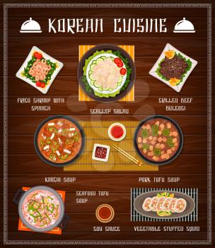 Korean food restaurant menu cover with seafood and vegetable meals. Fried shrimp with spinach, stuffed squid and grilled beef bulgogi, scallop salad, soy sauce and pork tofu, kimchi soups vector.