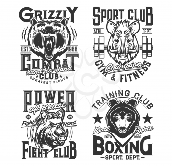 Sport t shirt prints, animals, gym, boxing club and street fighting vector emblems. Fitness strong power quotes, wild animals mascot badges of grizzly bear and boar with iron barbell for t-shirt print
