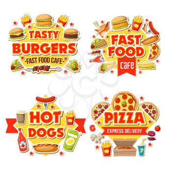 Fast food delivery, cafe and burgers bar menu. Vector fastfood express delivery of hamburger sandwich, pizza and soda drink or coffee, fries and hot dog with cheeseburger and ice cream milkshake