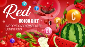 Red color diet, healthy organic food nutrition of vegetarian vegetables, natural fruits and berries. Vector red color diet vitamins in watermelon, chili pepper and strawberry for cardiovascular health