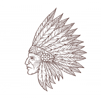 Indian chief in indigenous headdress of eagle feathers sketch isolated icon. Vector Western and native American Indigenous tribes culture symbol of Indian chief warrior, monochrome engraving