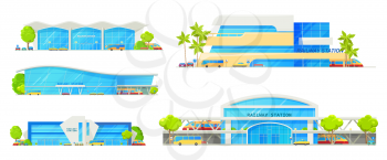 Railway station building vector icons of transportation and architecture themes. Train stations with platforms, modern roofs and glass steel facades, entrances, parkings and streets with trees