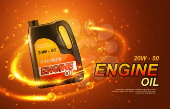 Car engine oil, automobile motor lubricant poster. Vector premium engine oil advertisement with golden splash and sparkling drops around 3d canister bottle of synthetic or mineral engine oil