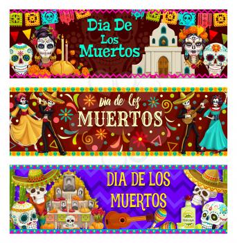 Dia de los Muertos, Mexican day of dead celebration. Vector calavera skulls, catholic church, candles in bread, catrina heads. Dancing skeletons, altar with photos of gone people, guitar and maracas