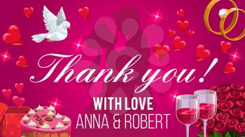 Wedding invitation, marriage ceremony party, bride and bridegroom kissing silhouette. Vector wedding cake, golden rings and doves, pink roses flowers and sparkling heart shines in gift box