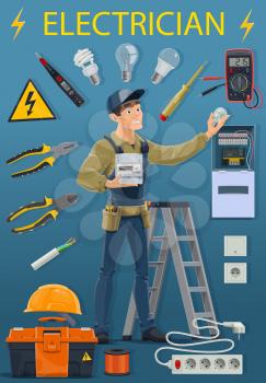 Electrician in uniform and electricity tools. Vector electric repair man and voltage tester, lamp bulbs and ladder, voltmeter and pliers. Switcher and instruments kit, power sign, helmet hard hat