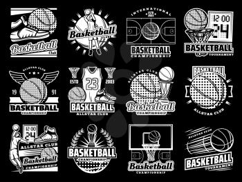 Vector icons of basketball ball, scoreboard and champion cup, streetball game shoes with wings and winner stars. Basketball club, college team tournament, and university league emblems