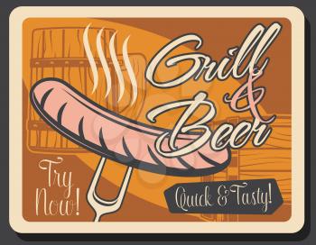 Vector barbecue grill sausage on fork, beer pint mug and wood barrel cask, traditional beer brewing festival. Beer and sausage, Oktoberfest brewery pub and bar vintage poster