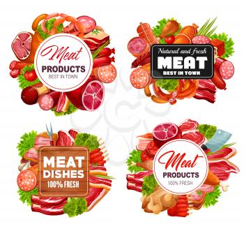 Butcher shop meat and sausages, butchery food products and gourmet delicatessen. Vector pork, beef meat and mutton ribs, steak sirloin, barbecue brisket with ham, bacon, salami and cervelat sausages