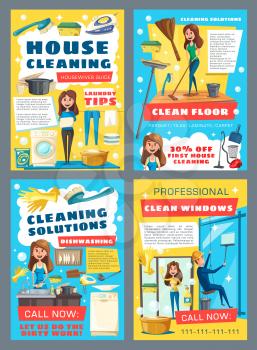 House cleaning and professional laundry service posters. Vector housewife mopping floor and laundry, washing, window glass cleaning and kitchen dish washing. Housekeeping service