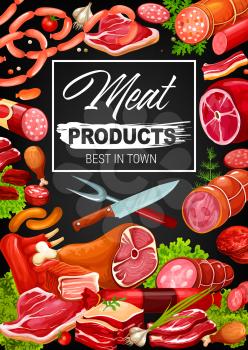 Gourmet meat and sausages, butcher shop products and delicatessen. Vector butchery pork, beef meat and mutton ribs, steak sirloin, barbecue brisket with ham, bacon, salami and cervelat, sausages