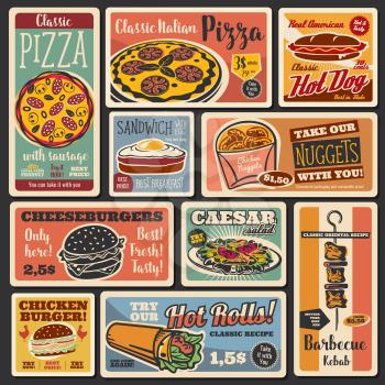 Fast food takeaway snacks, hot dogs and burgers retro posters. Vector fastfood hamburger and cheeseburger sandwich, pizza and chicken nuggets, caesar salad and egg sandwich