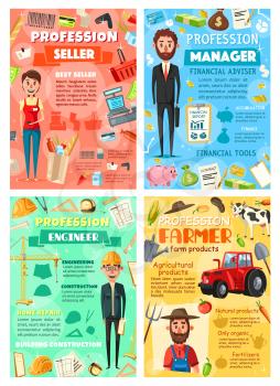 Seller and business manager, farmer and business manager professions. Vector cartoon supermarket shopping cart, money and contracts, farming agriculture and cattle, construction and building tools