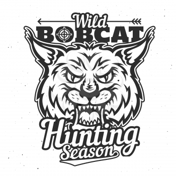 Wild bobcat icon, hunting season and hunter club badge or t-shirt print template. Vector hunt trophy lynx animal roaring with fangs and hunter crossbow arrow, sport society poster