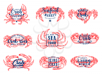 Seafood lettering, fish market and sea food restaurant icons. Vector sketch crab and lobster, seafood and ocean gourmet cuisine menu, calligraphy bar and cafe signs